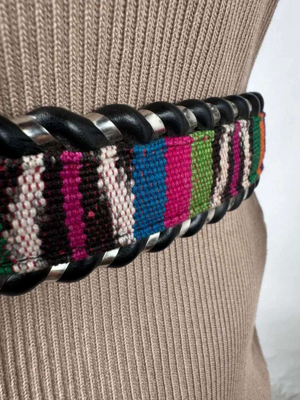 Handcrafted Leather Belt With Colorful Woven Inlay & Silver Buckle - Size 32